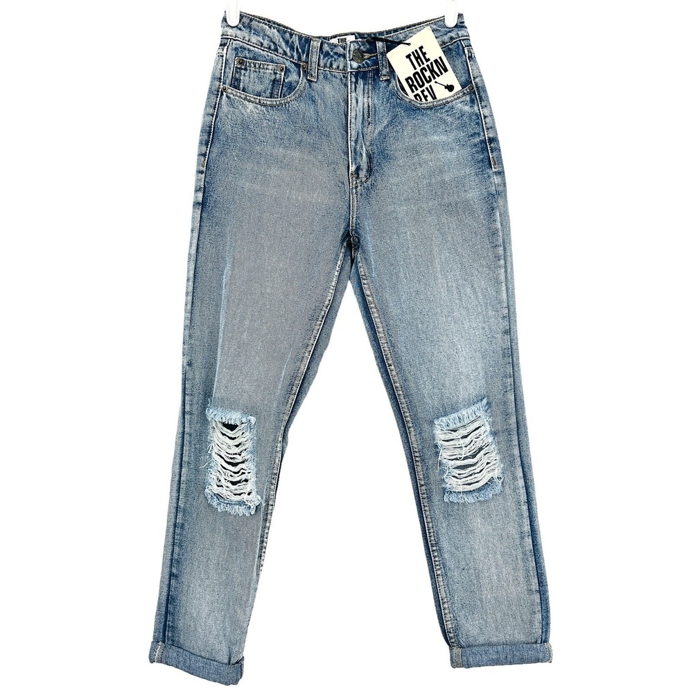 The Rockn Rev Women Distressed Denim Jeans Size 10 Rolled Hem Blue High-Rise NWT
